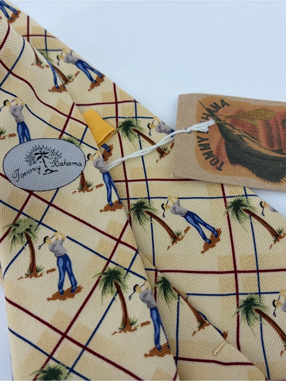 Tommy Bahama Men's Yellow Palm Tree & Golfer Pattern Neck Tie 100%‎ Silk NWT
